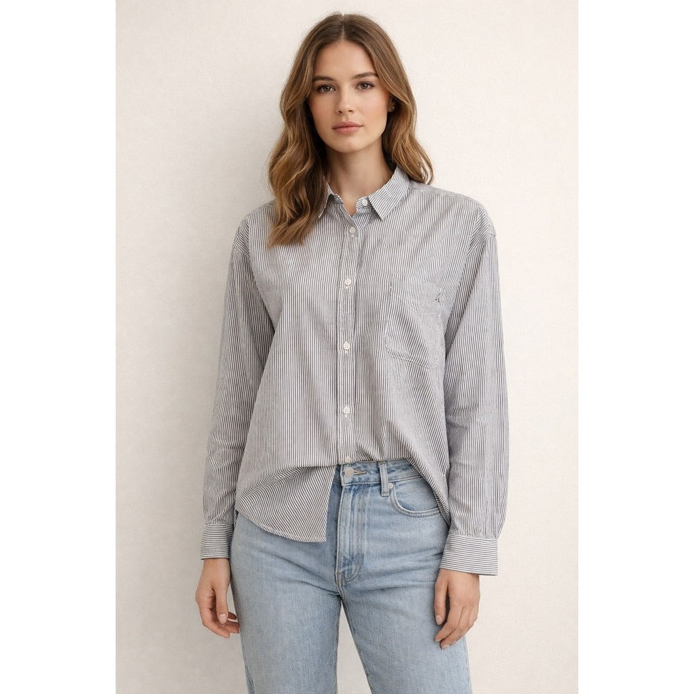 Maje Grey and‎ White Striped Cotton Button Down Shirt Size 3 Large